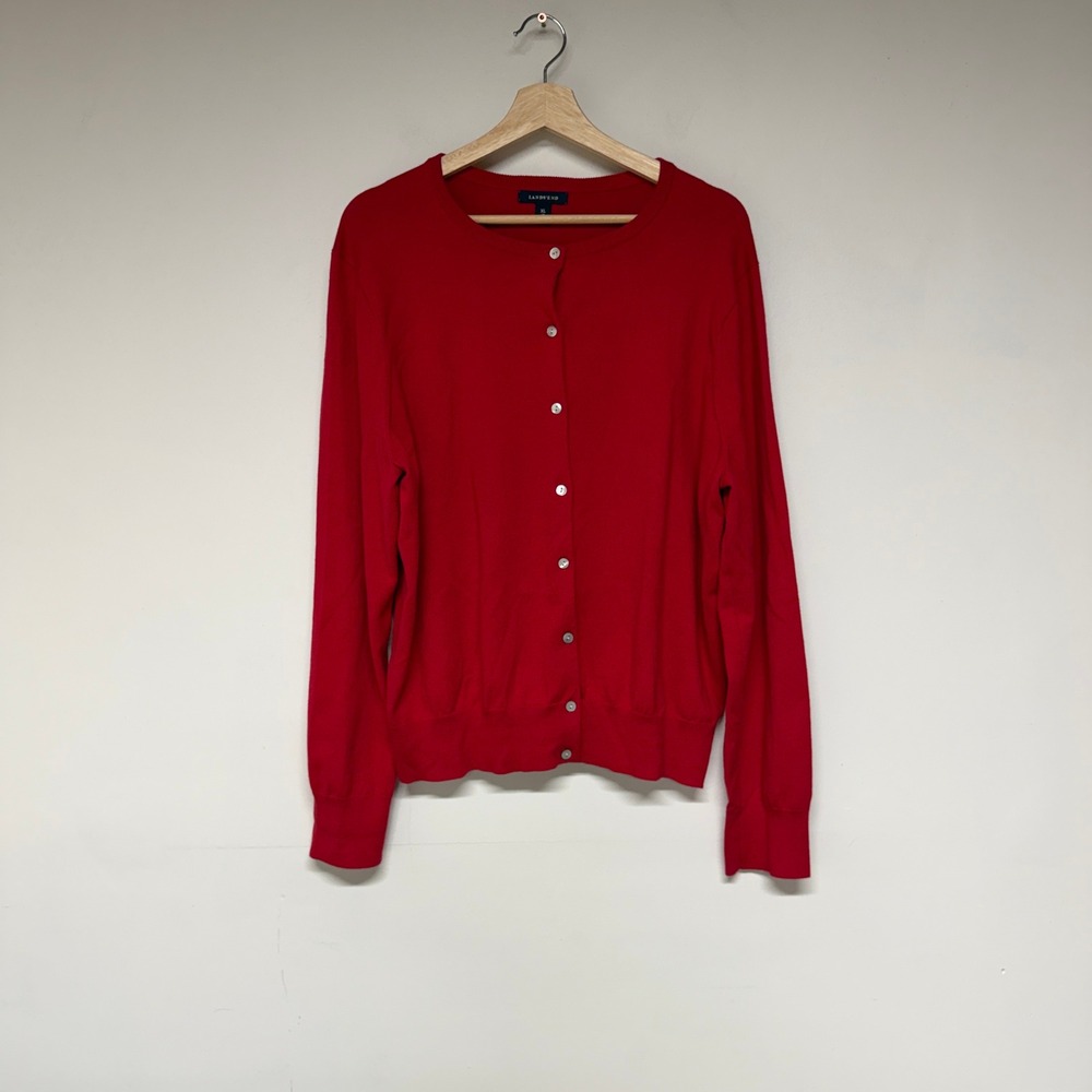 Lands End Cardigan Sweater Womens XL Red Button Front Long Sleeve Cotton Blend